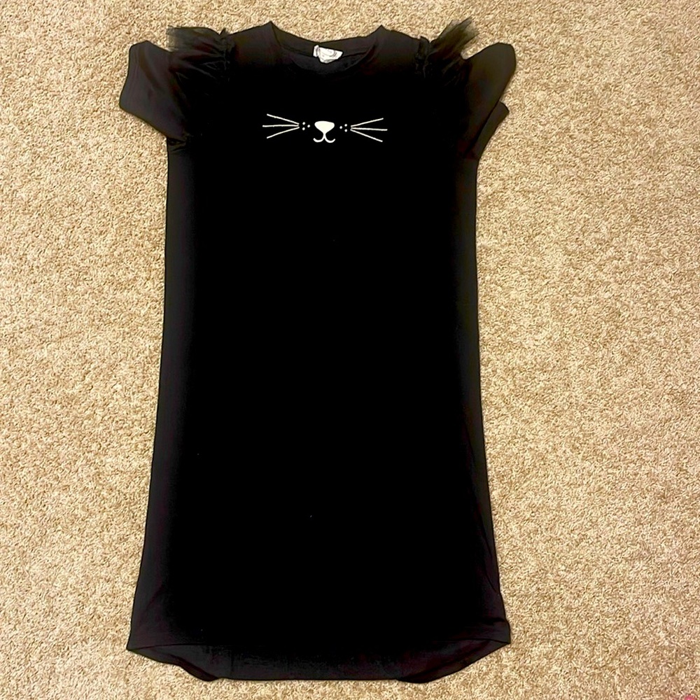 Joyfolie Mia Joy Black Cotton Cat Dress with tulle puff sleeve. Mid length.